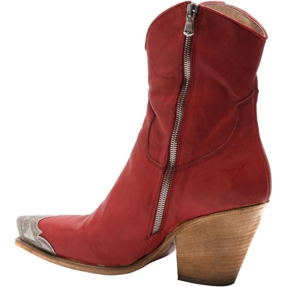 Women's Red Faux Leather Steel Toe Side Zipper Block Heel Western Ankle Boots - Picture 2 of 7